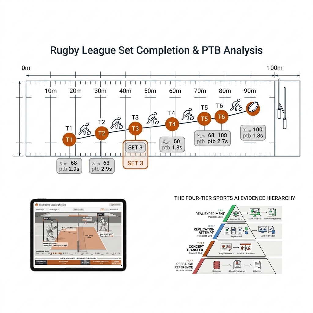 Rugby league field strip marked in 10m bands with six tackle-event markers stepping toward the try line, play-the-ball icons between them, each marker carrying a small data chip such as set 3, tackle 2, x_m 68, ptb 2.9s.