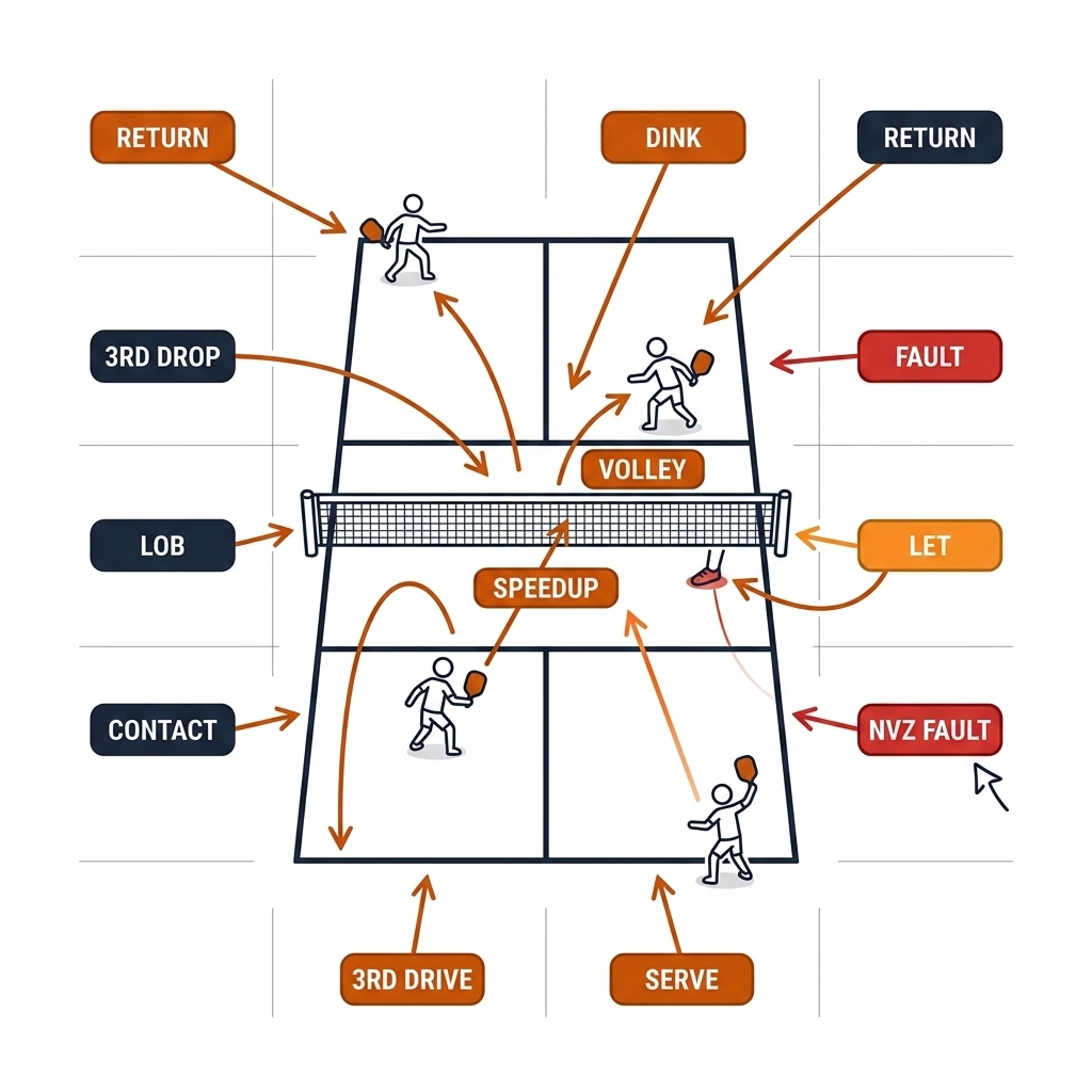 Pickleball court from above with twelve event-type chips (serve, return, third shot drop, third shot drive, dink, speedup, lob, volley, fault, let, NVZ fault, contact) pointing at the court locations where each occurs.