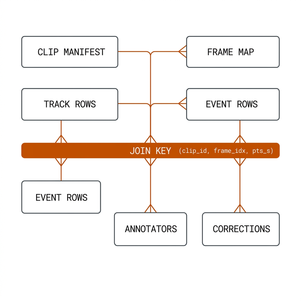 Entity-relationship diagram: clip manifest, frame map, track rows, event rows, annotators, corrections all joined to a burnt-orange spine bar labeled with the join key (clip_id, frame_idx, pts_s).