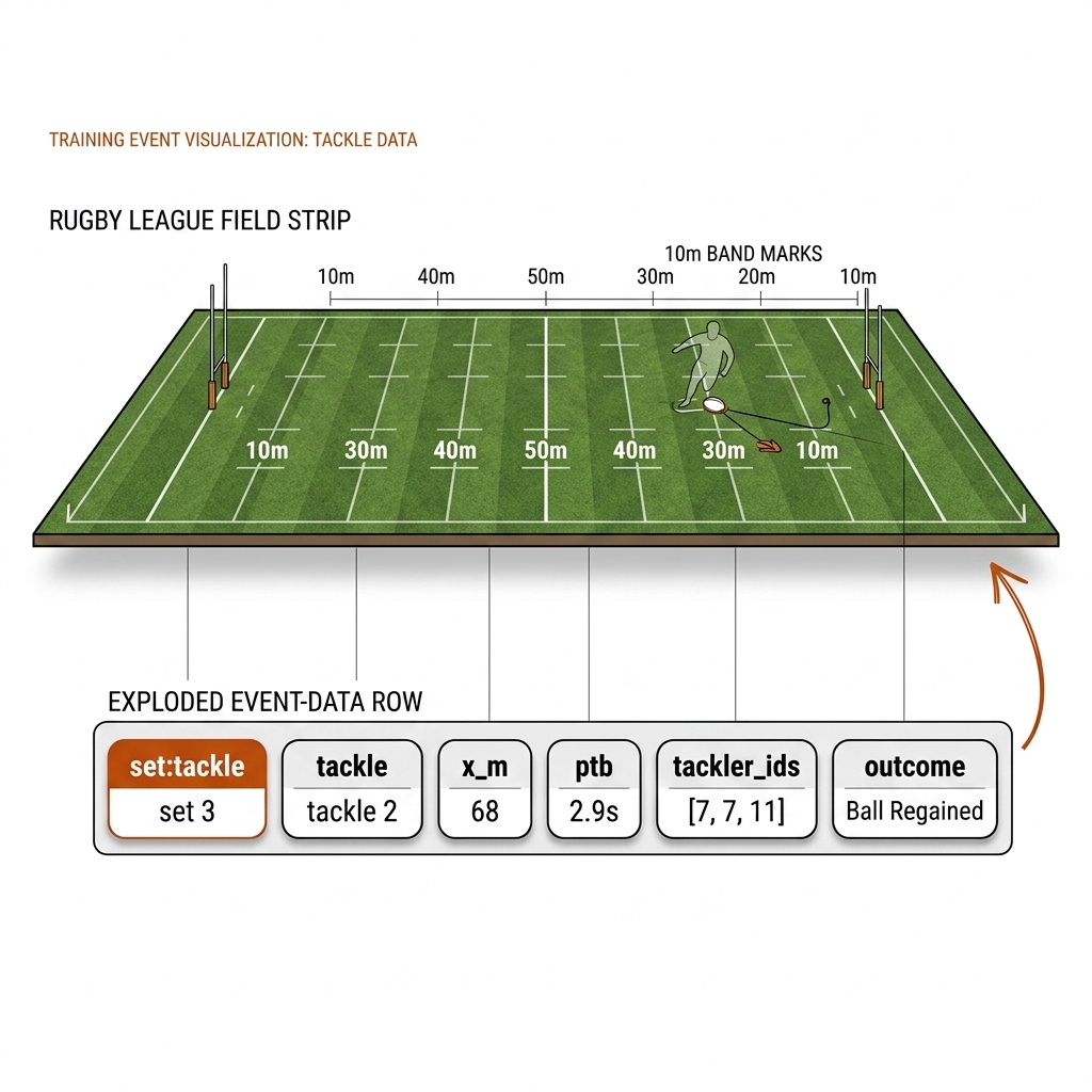 Rugby league field strip with one event row exploded into chips: set 3, tackle 2, x_m 68, ptb 2.9s.