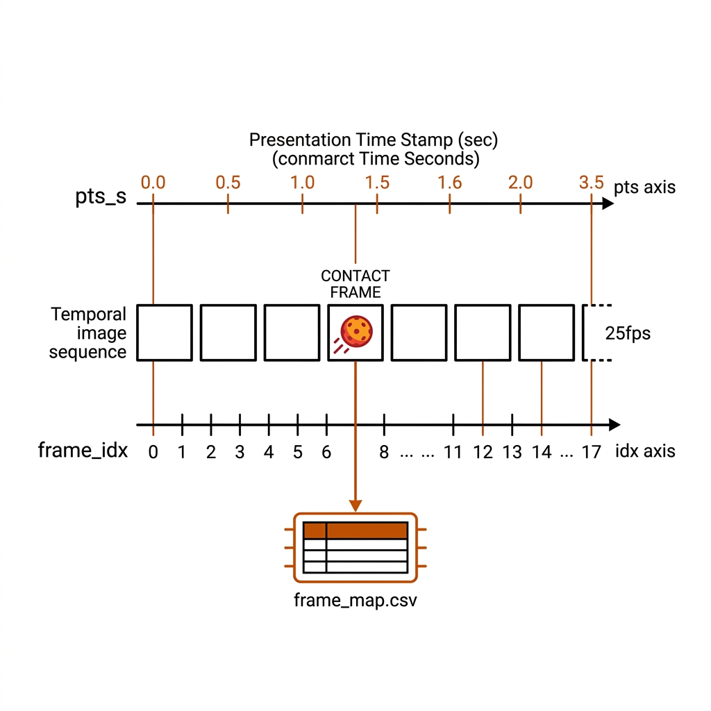 Frame timeline aligned to a seconds axis through burnt-orange ticks rooted in a frame_map.csv table chip.