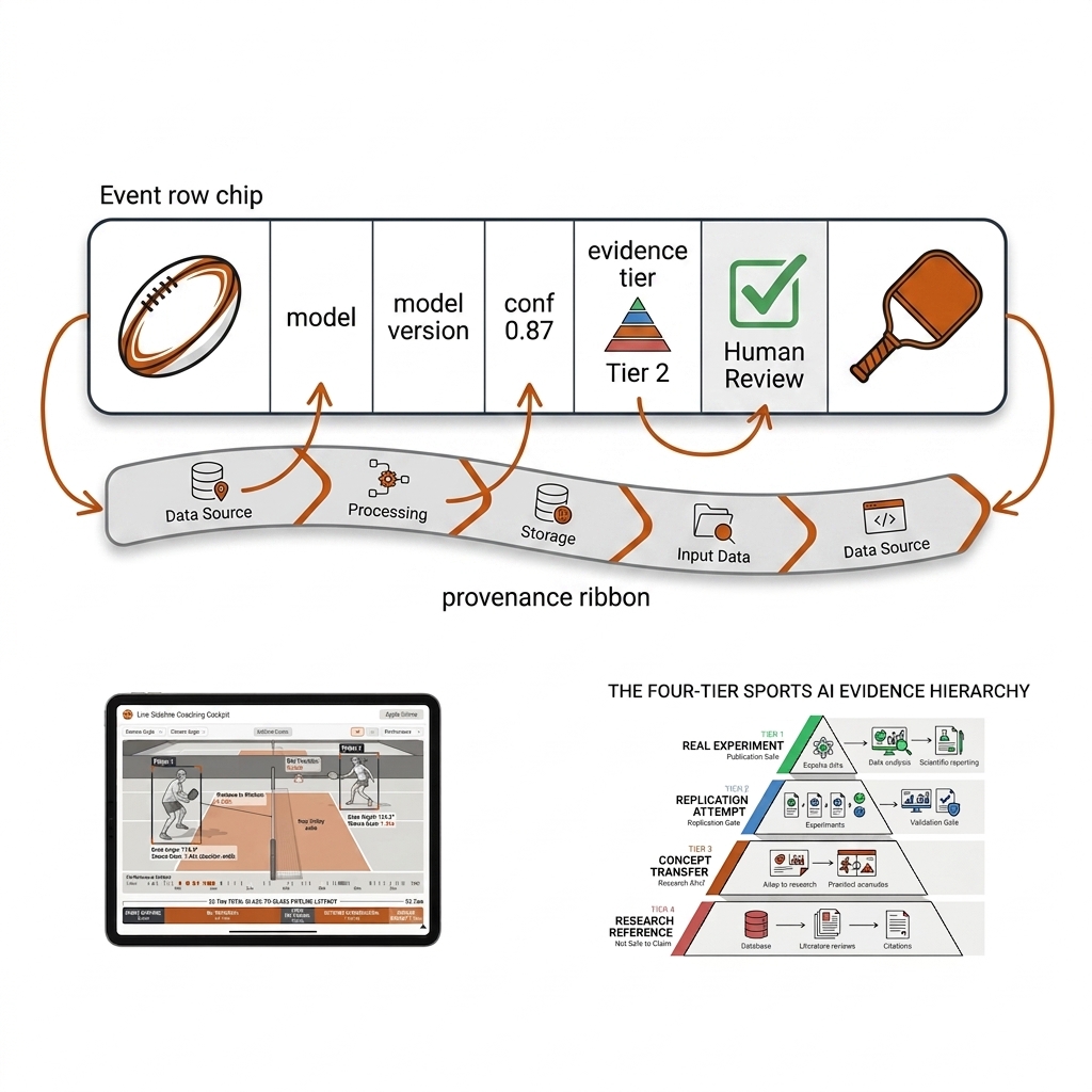Event row chip with a provenance ribbon showing model, version, confidence, evidence tier, and a human review tick.