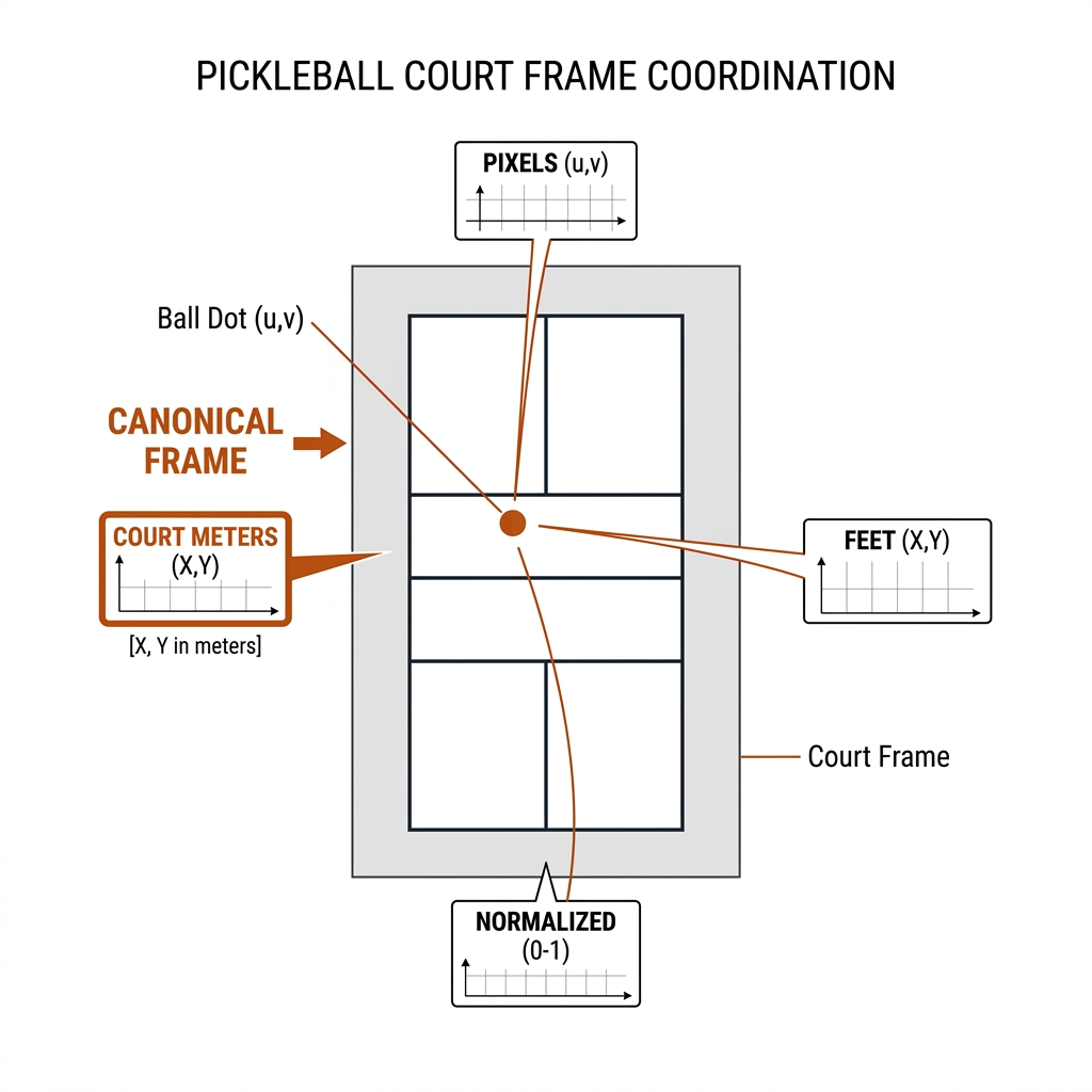 Pickleball court with one ball dot and four axis tags — pixels, court meters, feet, normalized — meters highlighted as canonical.