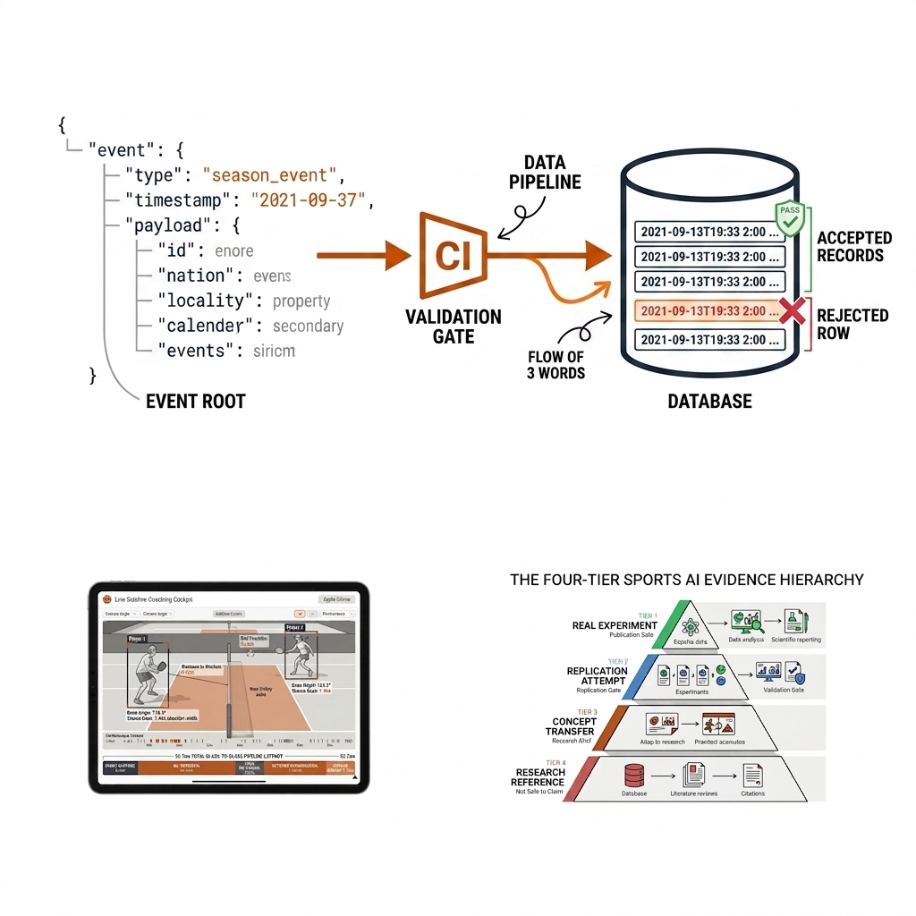 JSON tree flowing through a burnt-orange CI gate into a database cylinder, with a PASS shield and one FAIL cross.