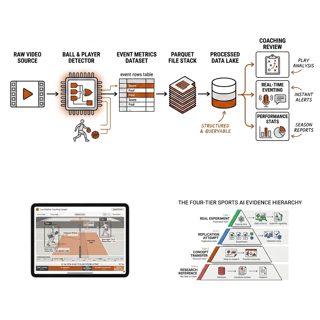 Pipeline from video clip through detector and event rows into Parquet and a database cylinder, branching to review, eventing, and stats consumers.
