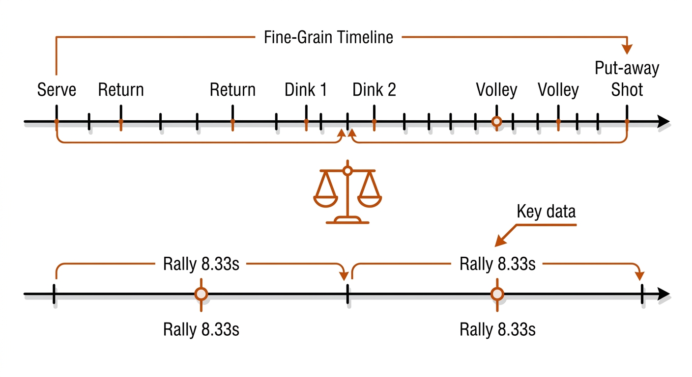 Two timelines of the same rally: a dense fine timeline of twelve shot ticks and a coarse timeline of two rally-span brackets.