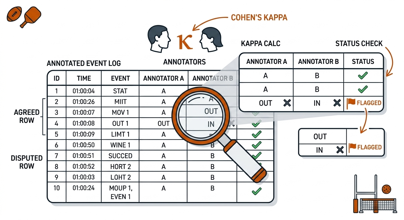 Magnifier over an event table, two annotator icons joined by a kappa symbol, agreeing rows checked and one disputed row flagged.