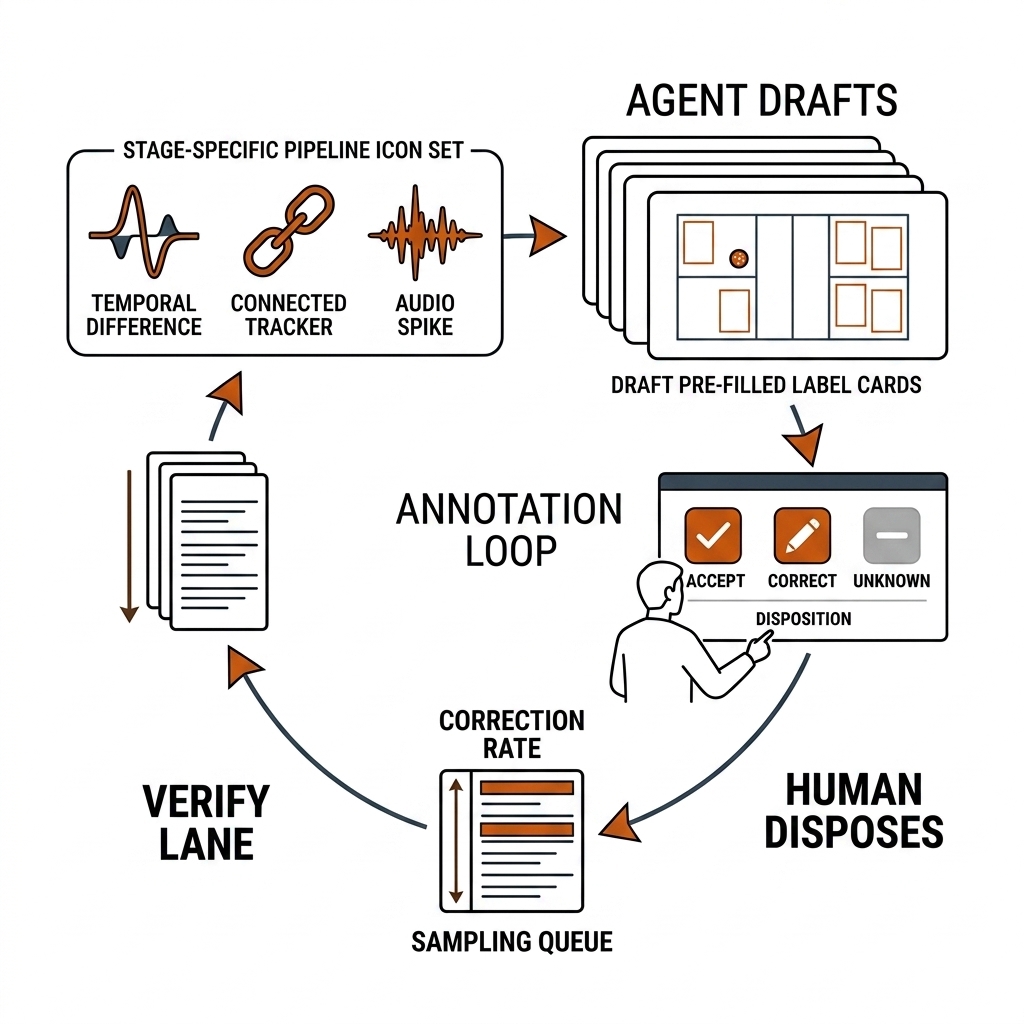 Agent-assisted annotation loop: pipeline stage icons draft pre-filled label cards of a pickleball frame; a human figure with three disposition buttons — accept, correct, unknown; a correction-rate feedback arrow returns to the sampling queue.
