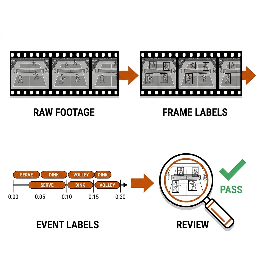 Four-stage annotation workflow: raw footage filmstrip feeding frame-level labels (player boxes, ball dot), then event labels on a timeline, then a quality-review stage with checkmark. Burnt-orange arrows connect the stages.