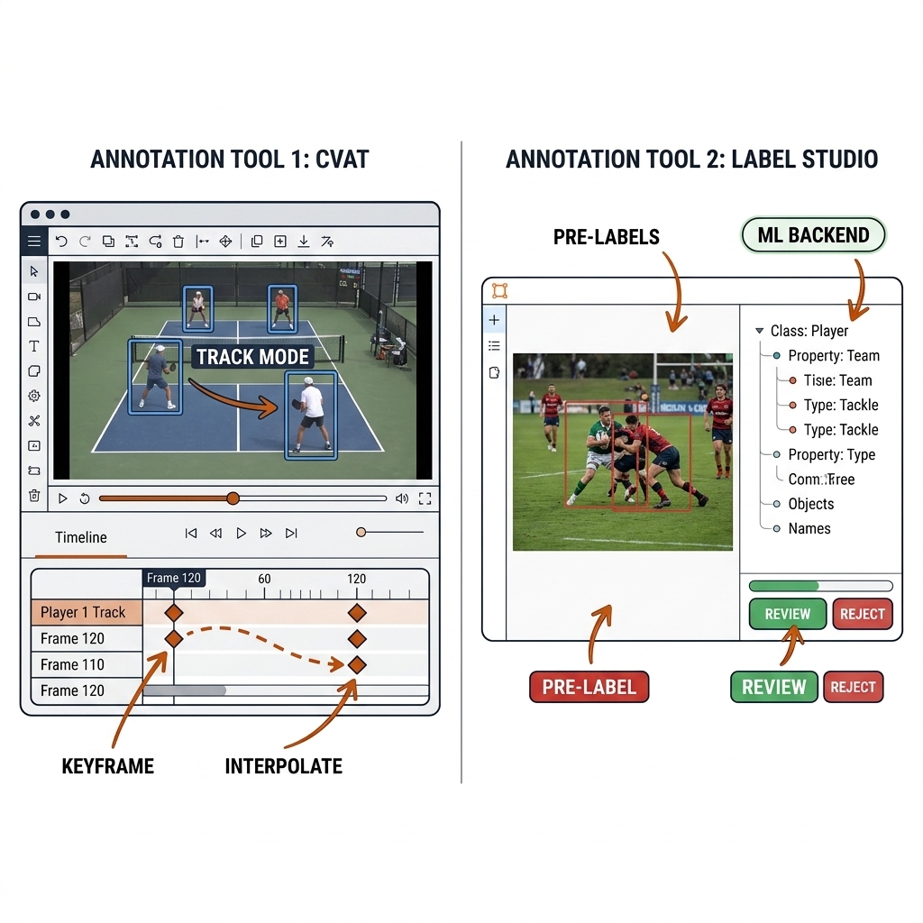 Side-by-side diagram of CVAT track mode with keyframe interpolation on a pickleball court, and Label Studio with ML-backend pre-labels and accept/correct review buttons on a rugby pitch frame.