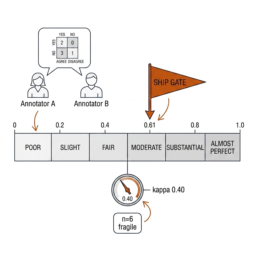 Landis-Koch kappa ladder: six bands from poor to almost perfect on a 0-to-1 scale, a burnt-orange ship gate flag at 0.61, and a gauge showing the measured kappa 0.40 in the fair band annotated n=6 fragile.