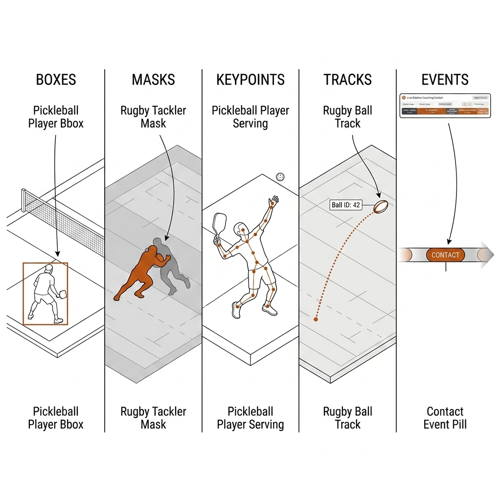 Five-column label taxonomy: bounding box around a pickleball player, mask silhouette of a rugby tackler, keypoint skeleton on a server, track trajectory of a ball with ID tag, event timeline pill.