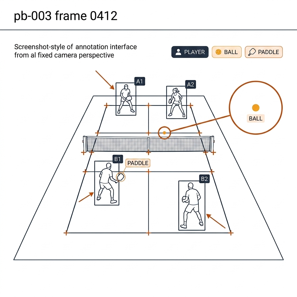 Annotation interface view of a pickleball doubles court from an elevated fixed camera: four player boxes tagged A1 A2 B1 B2, a magnified ball dot in a zoom inset, a paddle outline near the net, 12 court keypoint crosses, and a three-class legend: player, ball, paddle.
