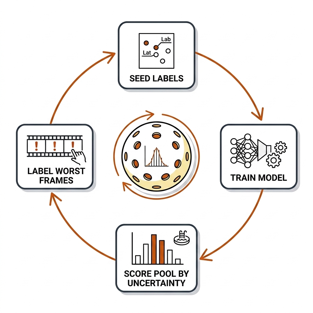 Active learning cycle: seed labels, train model, score pool by uncertainty, label worst frames, circular arrows, uncertainty histogram.