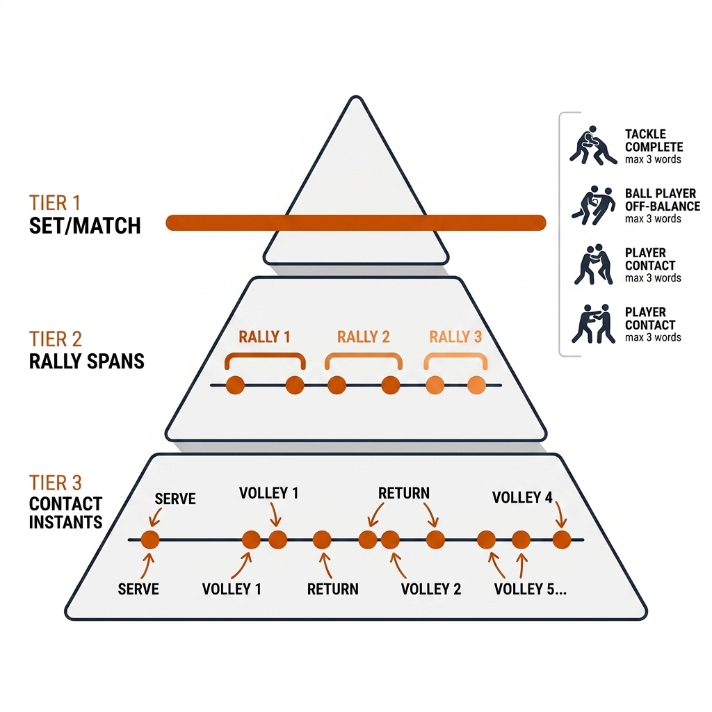 Three-tier event hierarchy: contact instants as dots, rally spans as brackets, set as one long bar, rugby tackle event icons.