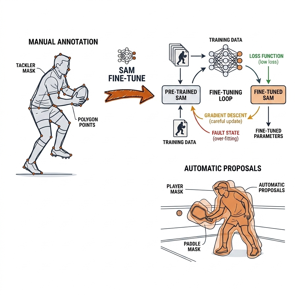 Mask annotation for SAM fine-tune: rugby tackler polygon mask with control points, arrow labeled fine-tune, automatic mask proposals over pickleball player and paddle.