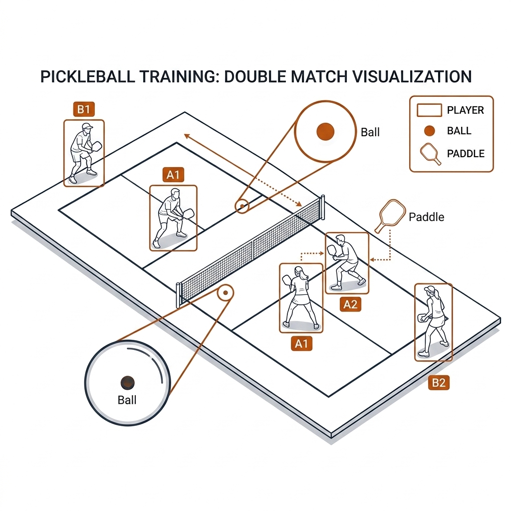 Pickleball three-class annotation surface: four player boxes tagged A1 A2 B1 B2, magnified ball dot in zoom inset, paddle outline, three-class legend.