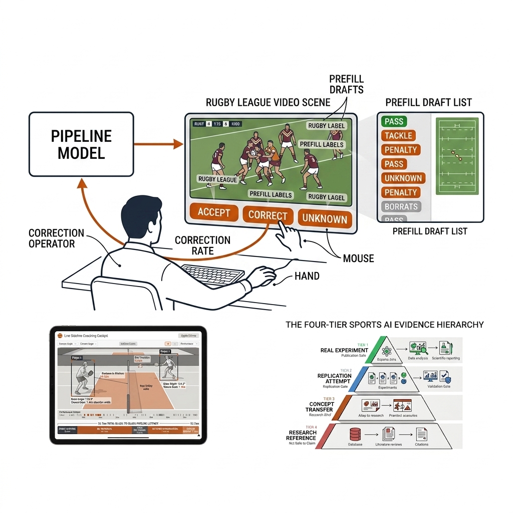 Model drafts label cards of a rugby frame, human with accept, correct, unknown buttons, correction-rate feedback arrow to the model.