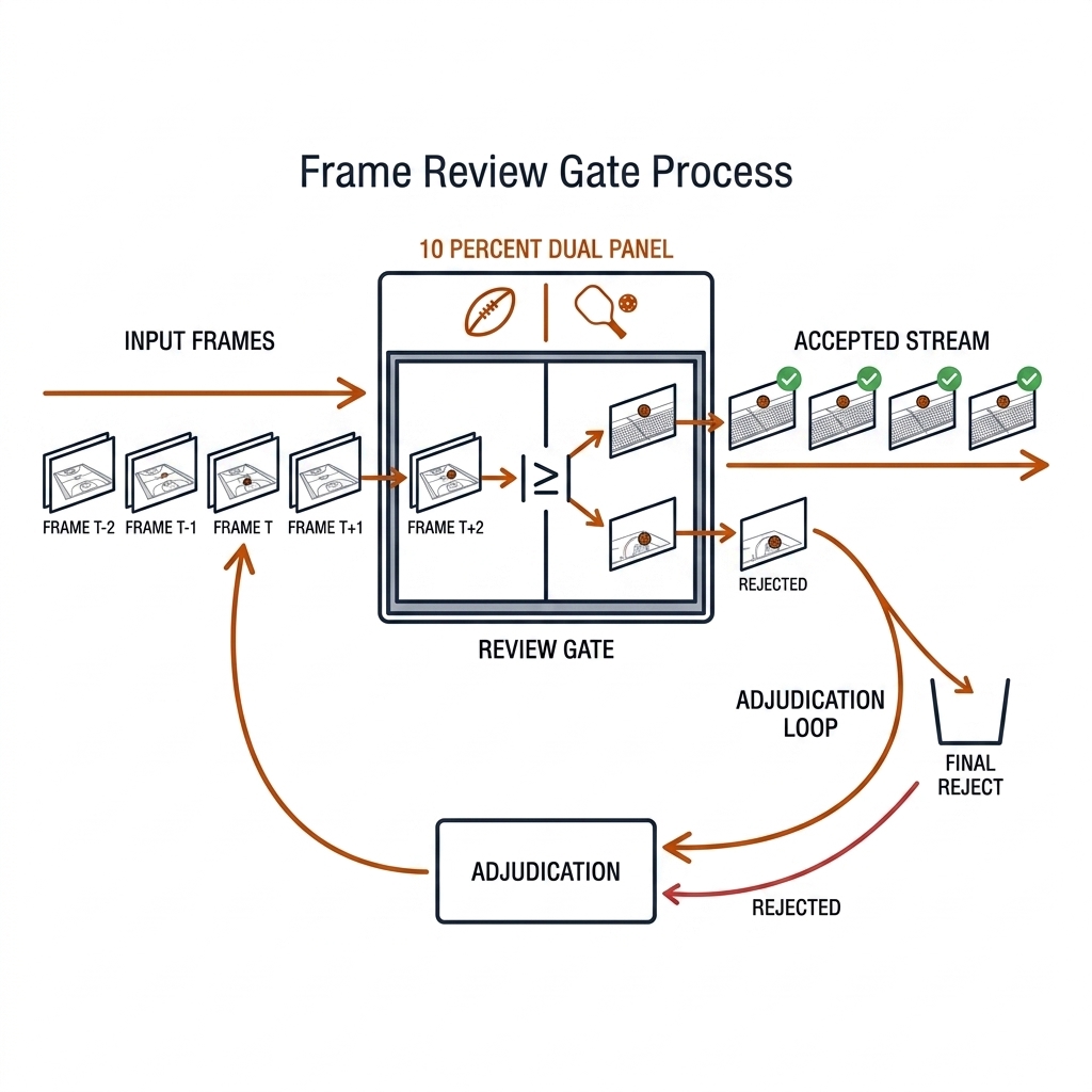 Review gate: labeled frames streaming through a checkpoint labeled 10 percent dual panel, accepted frames with checkmarks, rejected frames looping to adjudication.