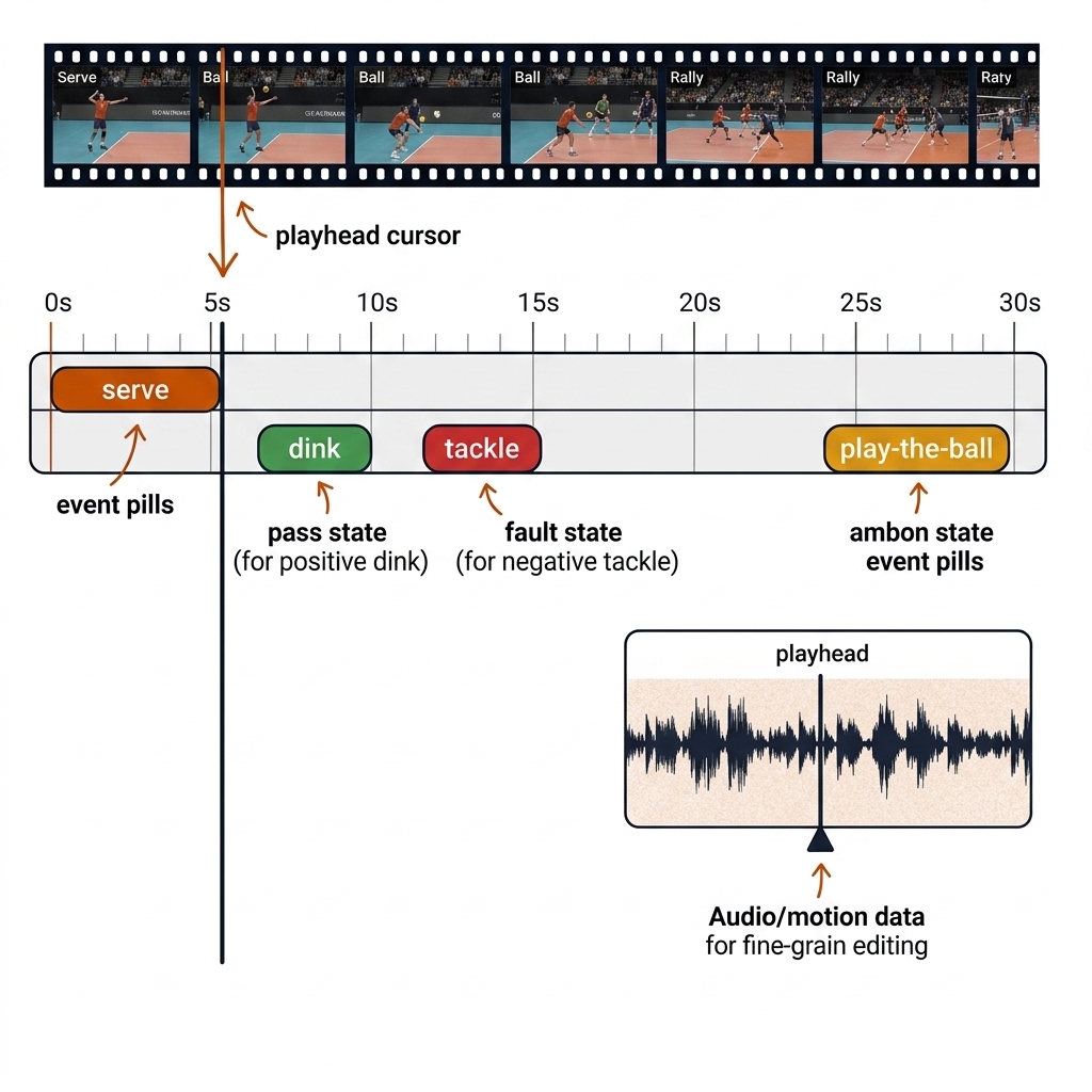 Video timeline annotation interface: filmstrip, segmented event track with labeled pills, playhead cursor, audio waveform strip.