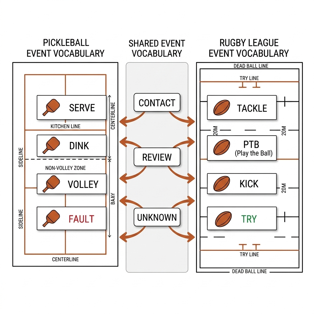 Dual-sport vocabulary comparison: pickleball column over court fragment; rugby league column over pitch fragment; shared contact/review/unknown center.