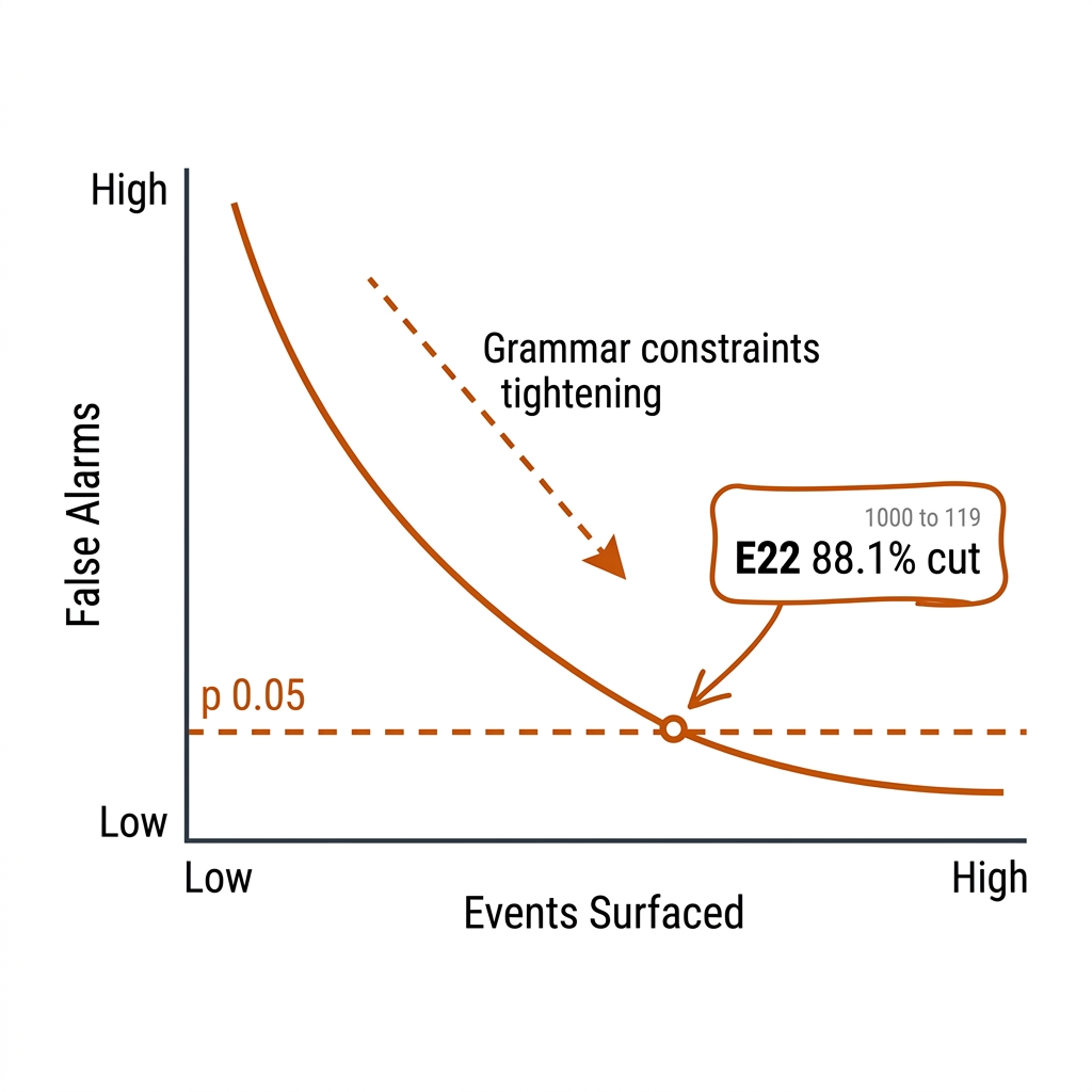 False-alarm curve descending as grammar constraints tighten; E22 operating point at 88.1 percent suppression, 1000 to 119 alerts, dashed p 0.05 line.