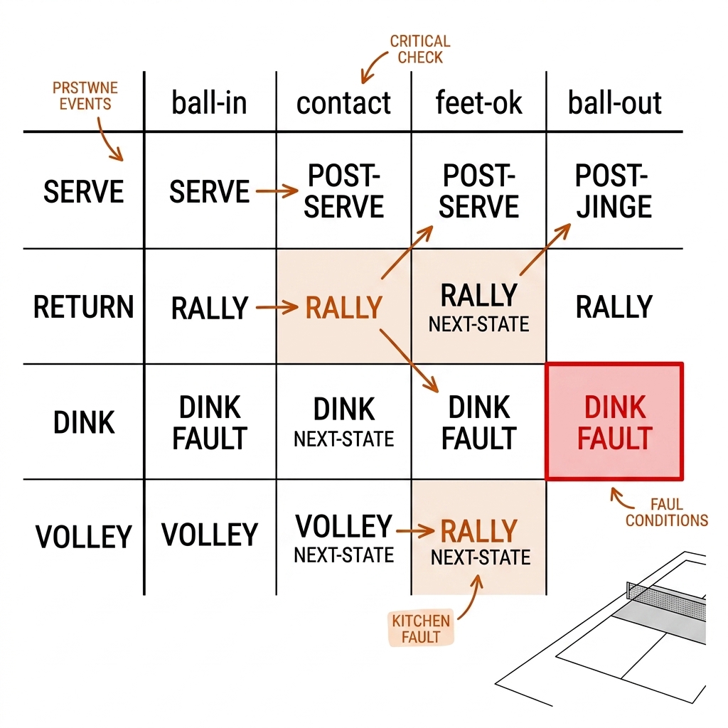 Transition table grid: rows serve, return, dink, volley; columns ball-in, contact, feet-ok, ball-out; cells hold next-state names; dink to fault highlighted.