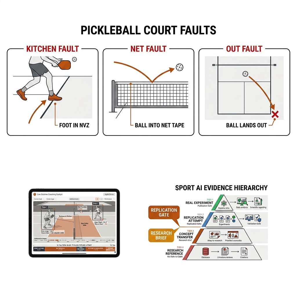 Fault classification: three pickleball callouts, kitchen foot fault, net fault, out fault, on a court diagram.