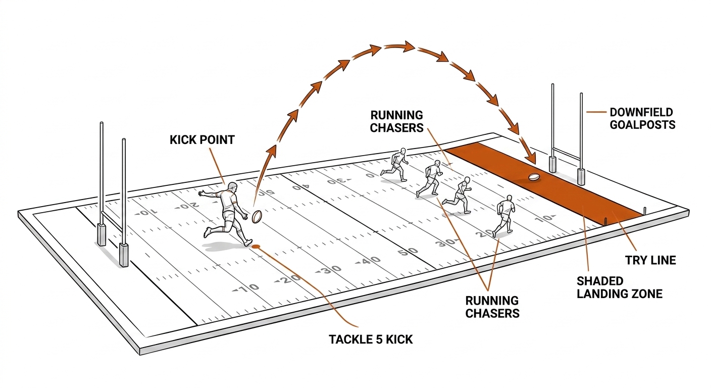 Kick event: rugby league kicker on fifth tackle, high ball arc to landing zone near try line, chasers running.
