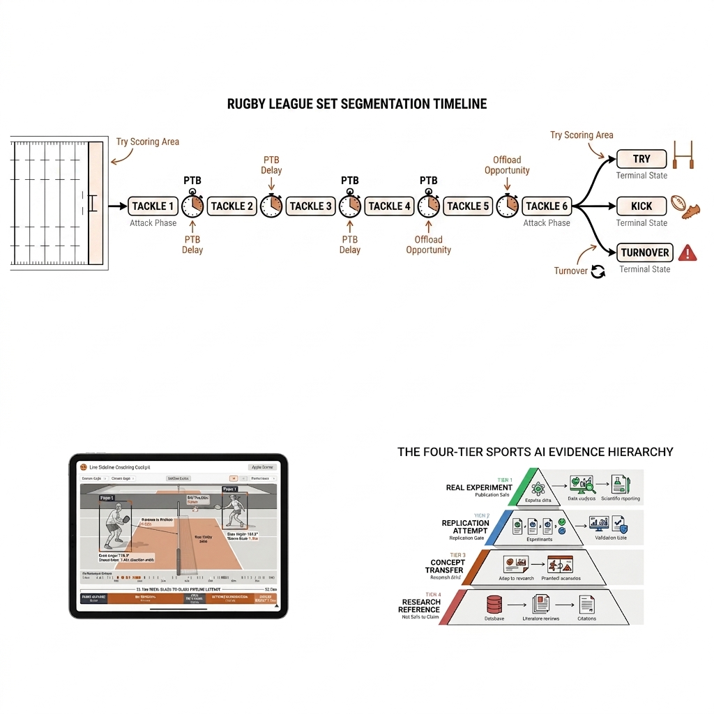 Rugby league set segmentation timeline: tackle one through six with PTB clocks, try, kick, turnover terminals.