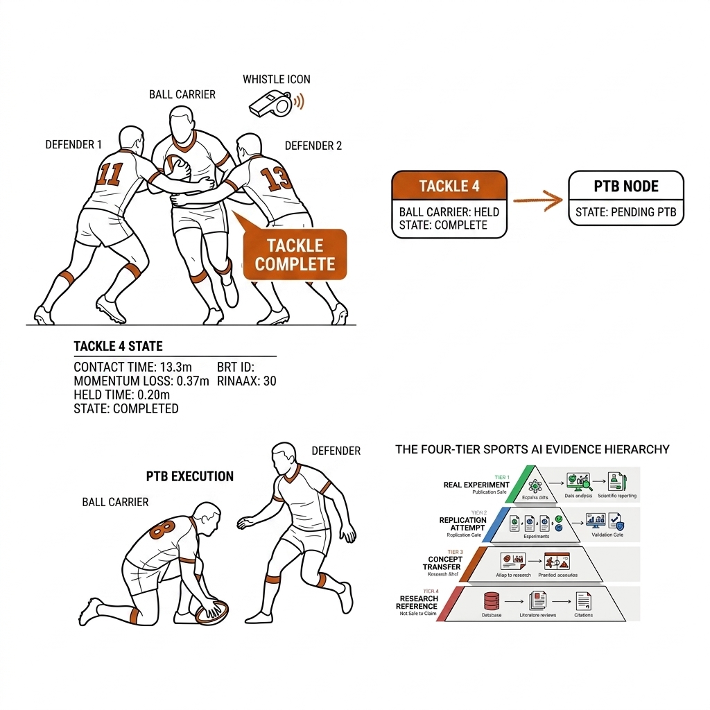 Tackle completion event: ball carrier held by two defenders, whistle icon, tackle four event token.