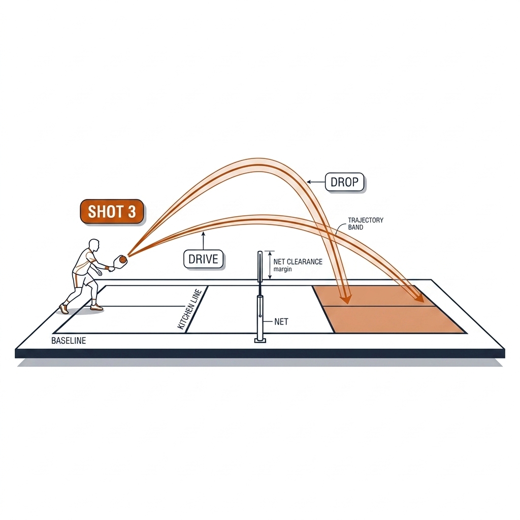 Pickleball third-shot detection: baseline hitter, drop and drive trajectory arcs over net into kitchen.