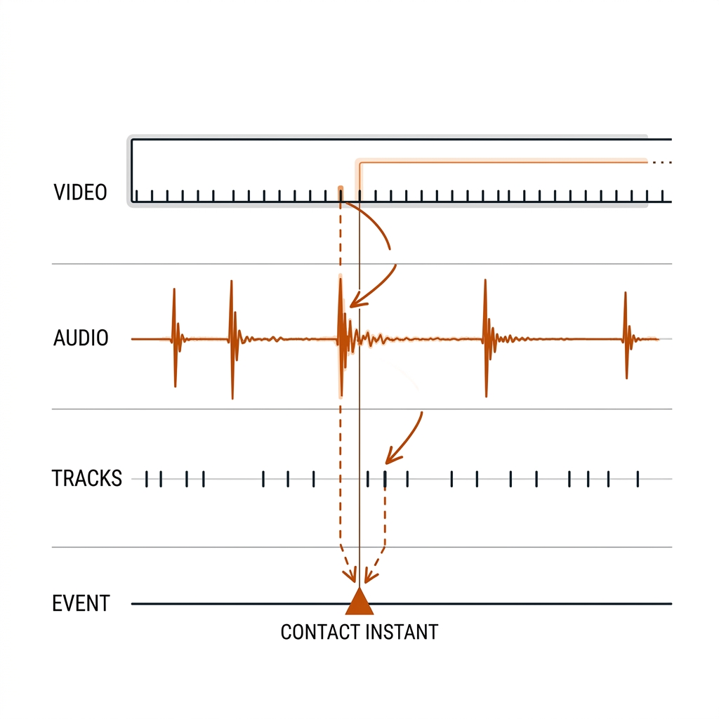 Event-to-video alignment: video frame ticks, audio waveform onsets, track clock lanes joined at one contact instant.