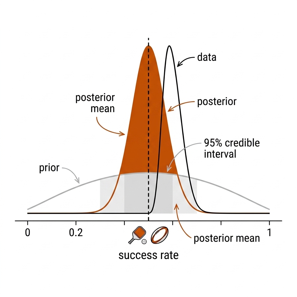 Bayesian updating diagram: three curves on shared axes labelled 'success rate'. A wide flat grey curve labelled 'prior', a narrower black curve labelled 'data', and a burnt-orange filled curve labelled 'posterior'. Vertical dashed line at the posterior mean with a shaded credible interval. Small pickleball paddle and rugby league ball icons below the x-axis.