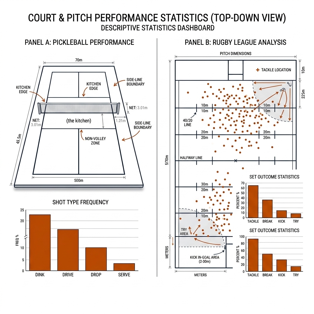 Descriptive statistics dashboard: left panel top-down pickleball court with shot-frequency histogram (dink, drive, drop, serve); right panel top-down rugby league pitch with tackle events and set-outcome histogram. Style: white background, black linework, burnt-orange accent bars.