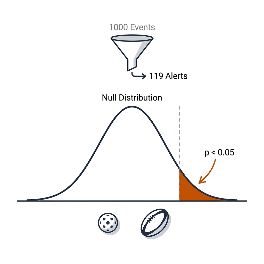 Hypothesis-test gate diagram: black linework null-distribution bell curve with the right tail beyond a vertical dashed line shaded burnt-orange and labelled p < 0.05. Above, a funnel narrows from 1000 events to 119 alerts. Small pickleball and rugby league ball icons below the axis.
