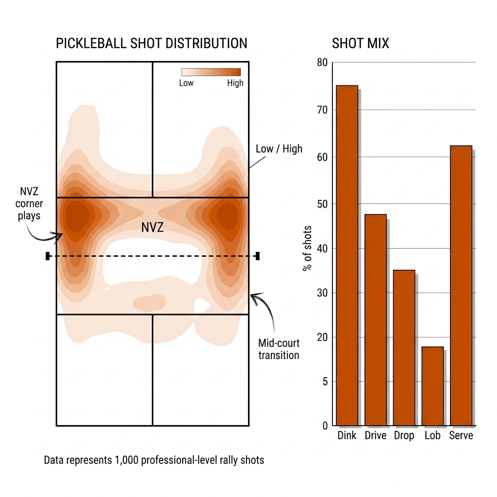 Top-down pickleball court with black engineering linework, baseline, NVZ, and net. Burnt-orange density zones showing where shots land, concentrated near NVZ corners. Beside the court a vertical bar chart of shot mix labelled dink, drive, drop, lob, serve.