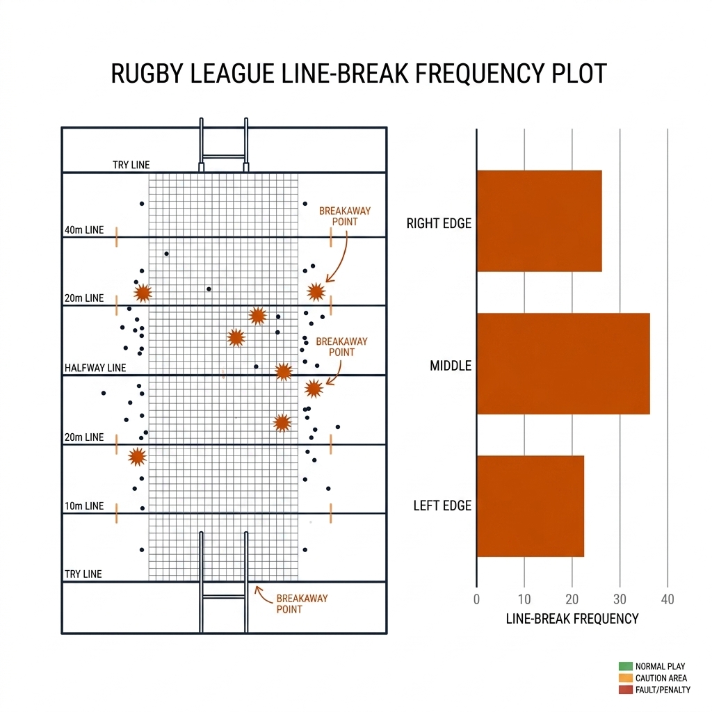 Top-down rugby league pitch with try lines, 40m and 20m markings, and goal posts. Horizontal bar chart in burnt-orange showing line-break frequency by field zone labelled left edge, middle, right edge. Small black tackle dots with burnt-orange burst markers where line breaks occur.