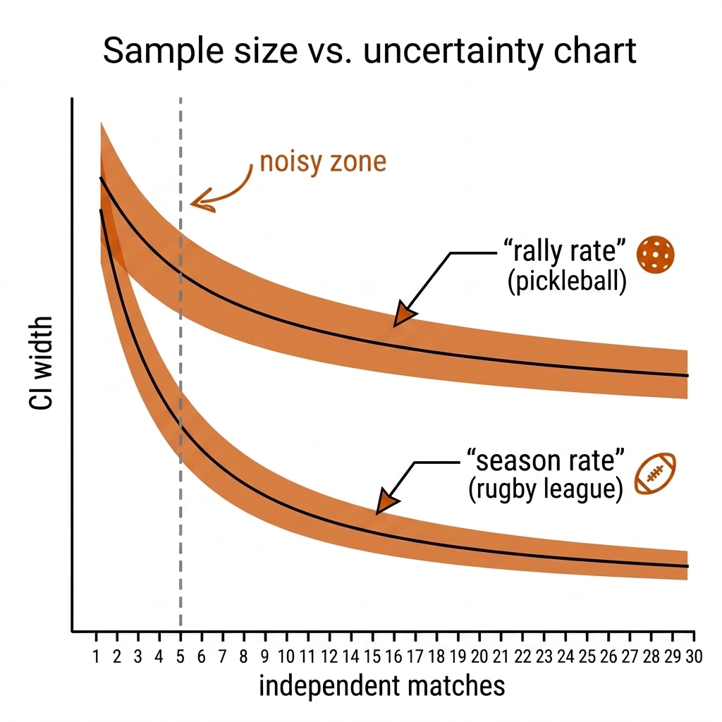 Sample-size versus uncertainty chart: x-axis 'independent matches' from 1 to 30, y-axis 'CI width'. Two decaying curves labelled 'rally rate' (pickleball) and 'season rate' (rugby league), with burnt-orange shaded bands. Vertical dashed line at match 5 annotated 'noisy zone'.