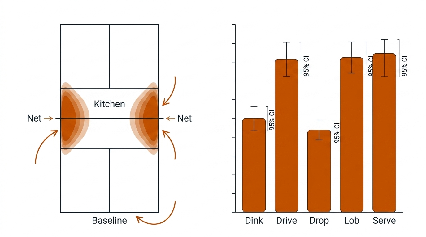Pickleball court with shot-landing density zones beside a shot-mix bar chart with confidence-interval whiskers.