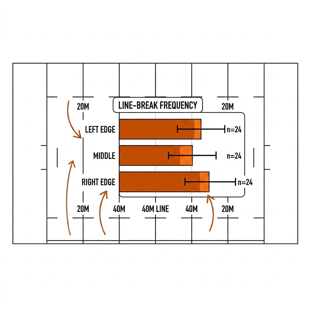 Rugby league pitch with line-break frequency bars by zone, each with wide match-level confidence whiskers.