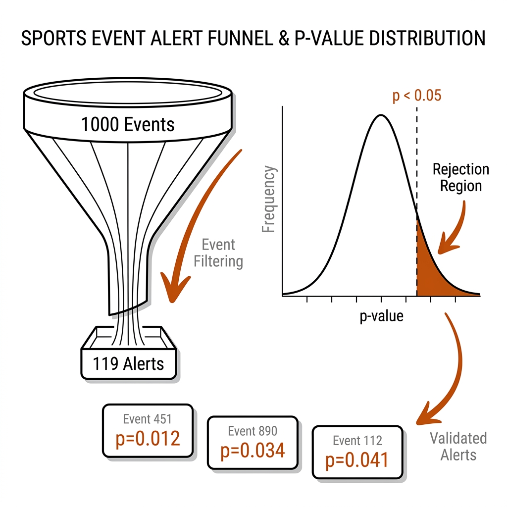 Alert triage funnel from 1000 events to 119 alerts beside a null curve with the p < 0.05 tail shaded.
