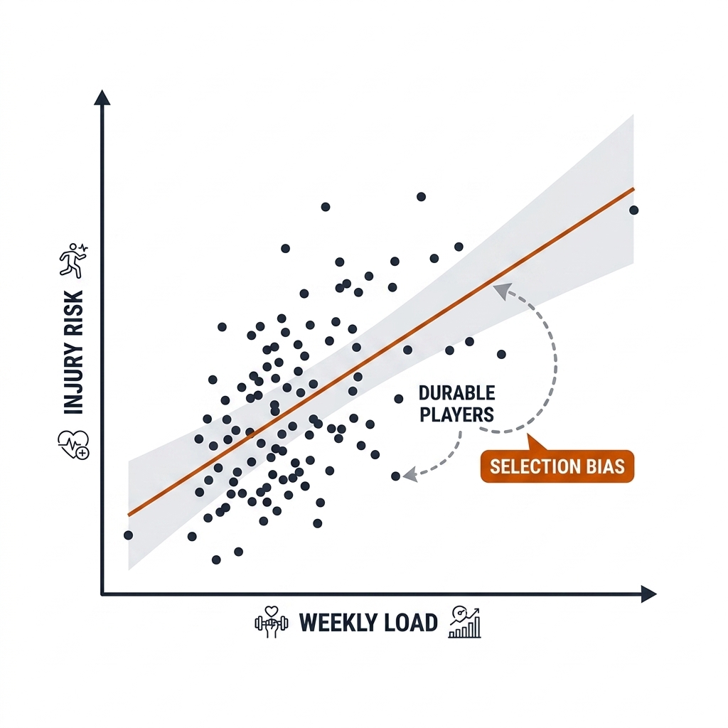 Scatter of weekly load against injury risk with an upward regression line and a selection-bias loopback arrow.