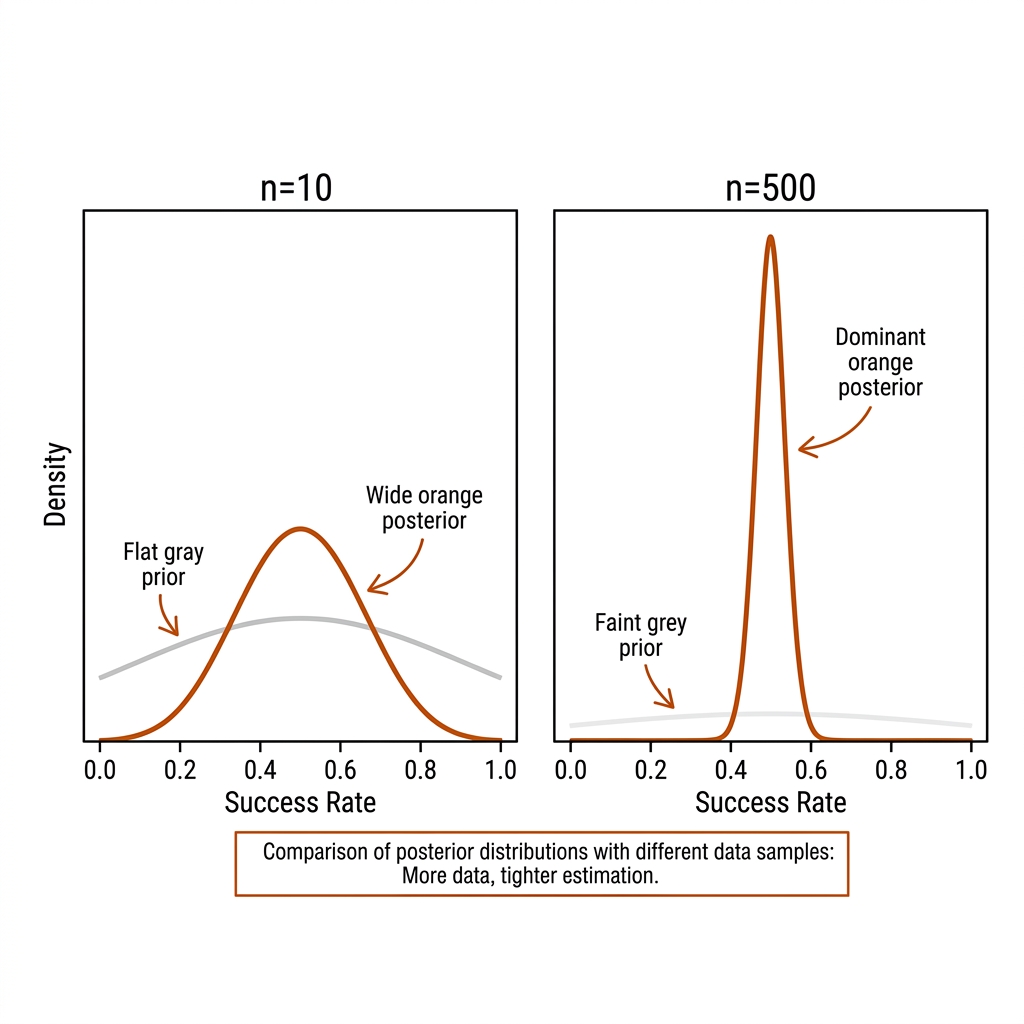 Two panels showing prior and posterior curves at n = 10 and n = 500, the posterior narrowing as data dominates.