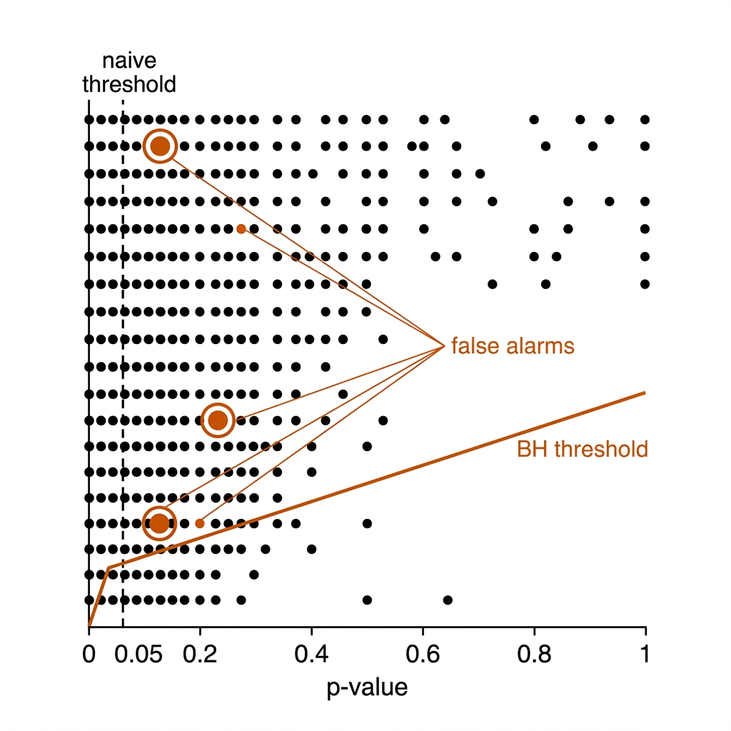 Twenty metric p-values plotted against a naive 0.05 line and a sloped Benjamini-Hochberg threshold, three false alarms highlighted.