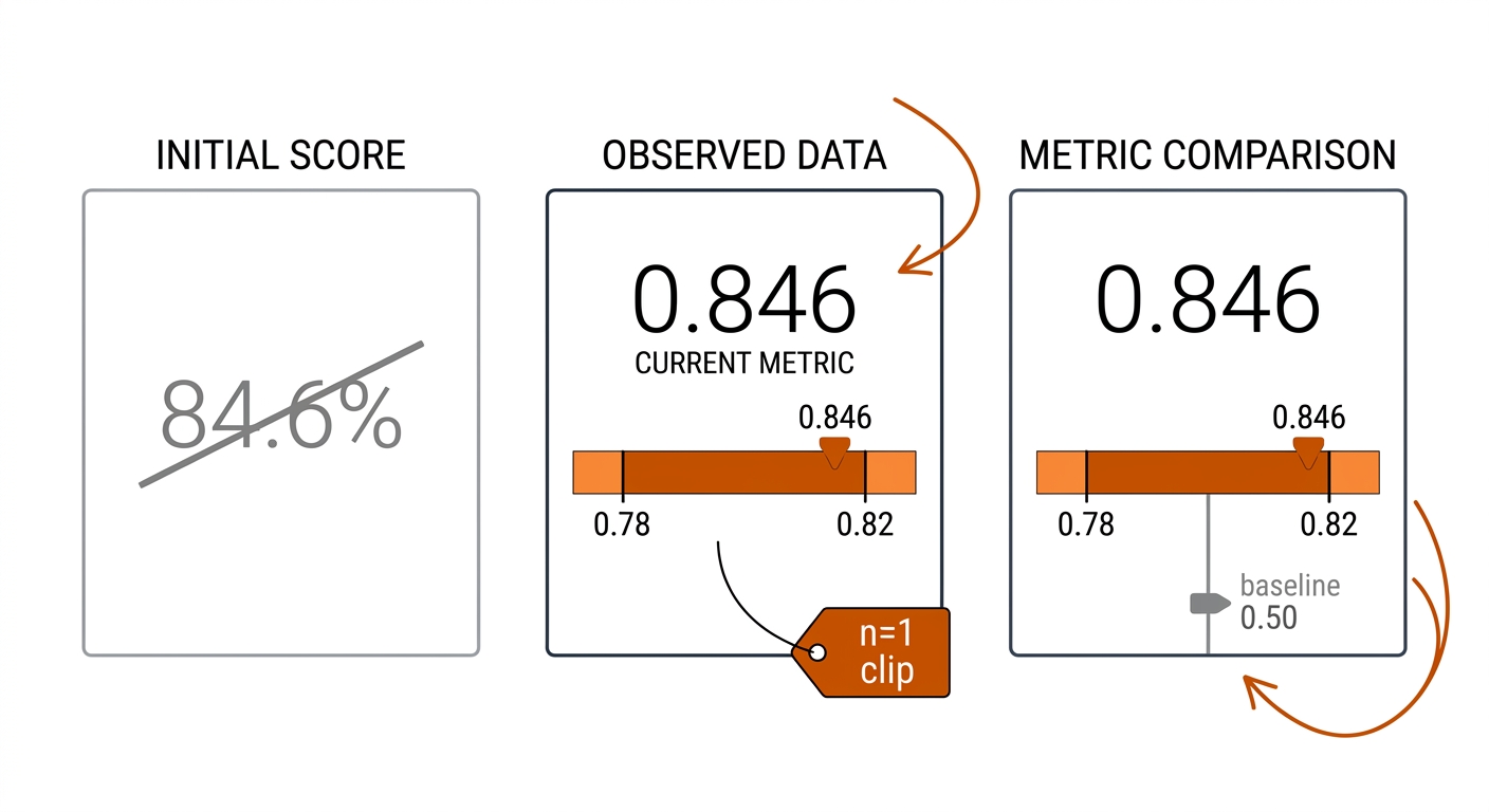 Three dashboard tiles: a bare percentage crossed out, an estimate with interval and n, and the same with a baseline marker.
