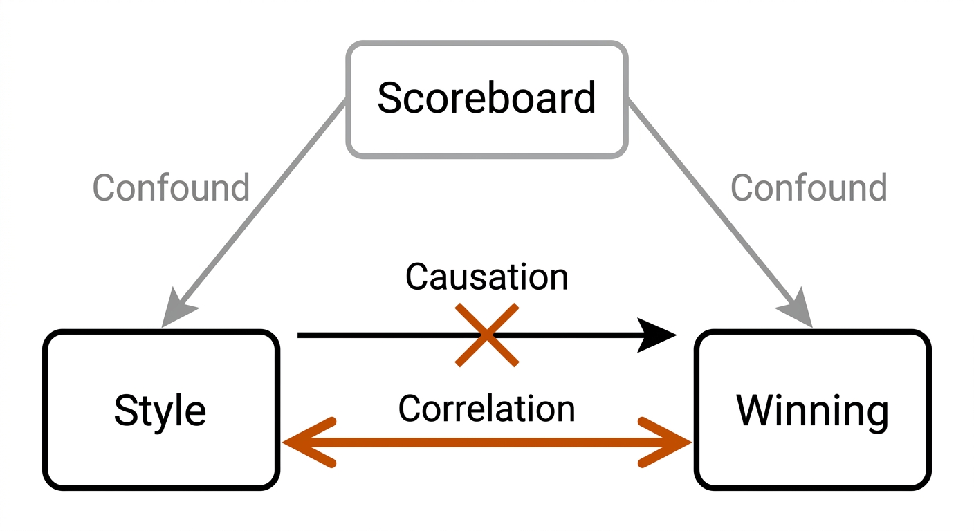 Causal diagram: style and winning boxes joined by a correlation arrow, with a scoreboard confound box above feeding both.