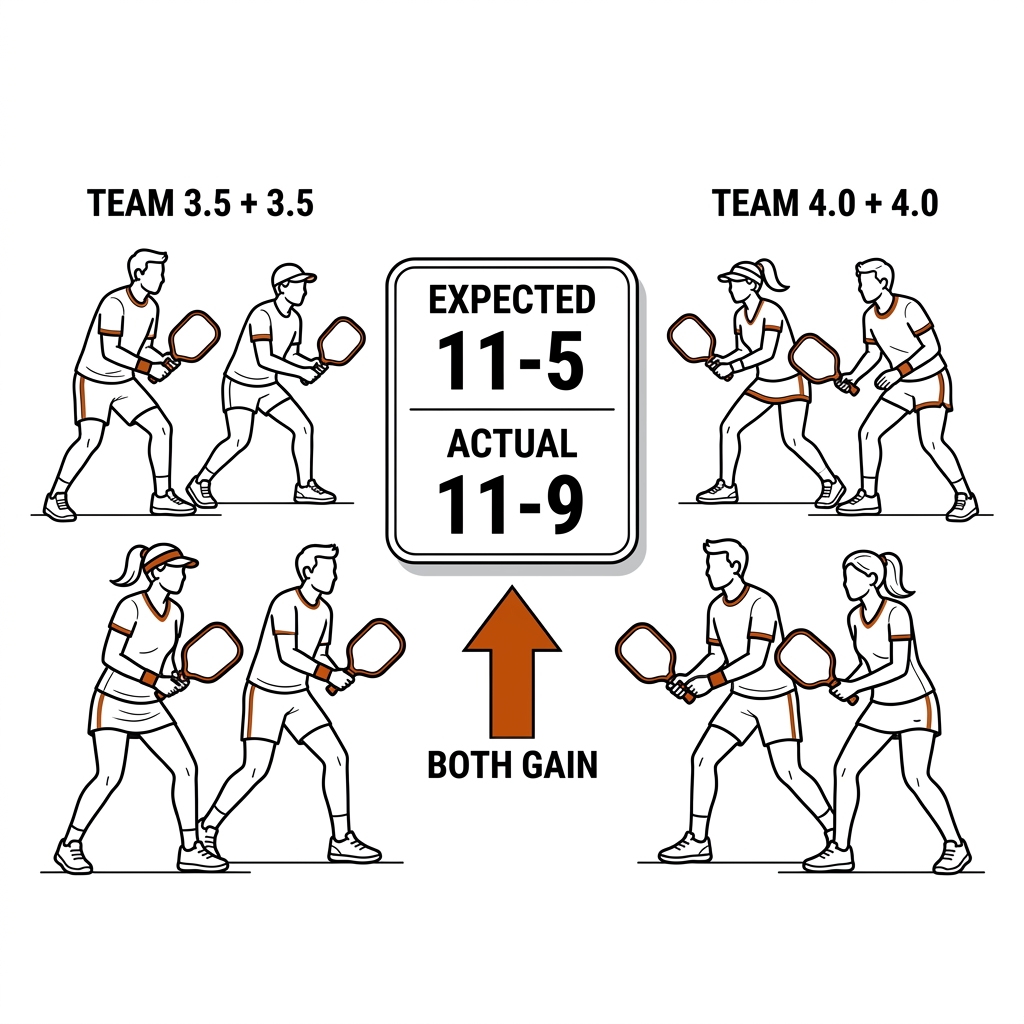 DUPR club ladder night: expected versus actual score moving both teams' ratings.