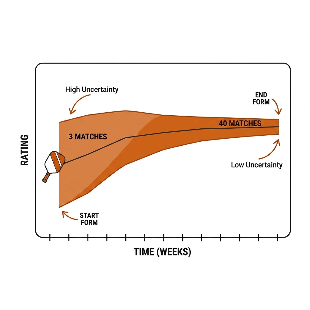 Player form trajectory with wide uncertainty band after few matches, narrow after many.