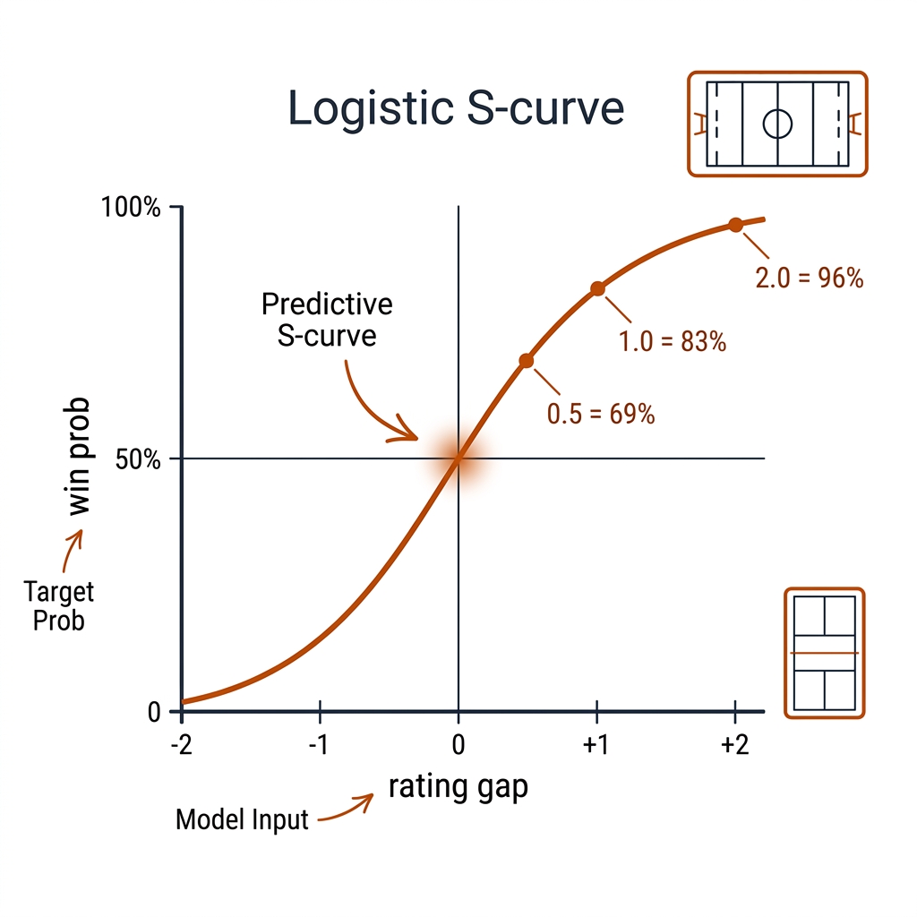 Logistic win probability curve from rating difference with annotated points.